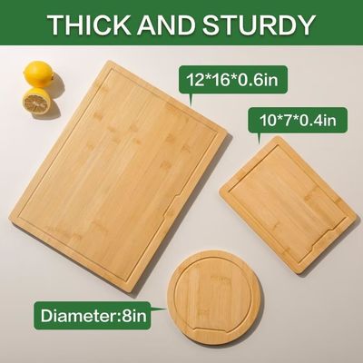 Set of 3 Wooden Chopping Boards with Juice Grooves Side Handles Different Shapes