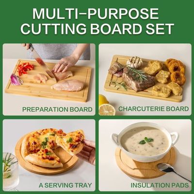 Set of 3 Wooden Chopping Boards with Juice Grooves Side Handles Different Shapes