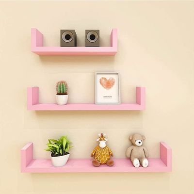 Adjustable U-Shaped Painted Wood Pink Wall Shelves Set of 3 for Bathroom Living Room