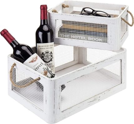 Multifunctional Vintage White Wooden Storage Box with Handles and Mesh Wire Side Panels