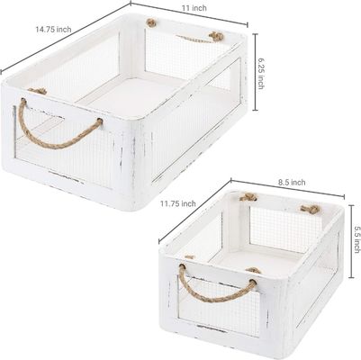 Multifunctional Vintage White Wooden Storage Box with Handles and Mesh Wire Side Panels