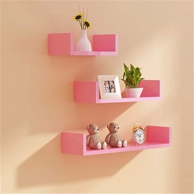 Adjustable U-Shaped Painted Wood Pink Wall Shelves Set of 3 for Bathroom Living Room