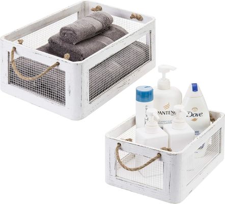 Multifunctional Vintage White Wooden Storage Box with Handles and Mesh Wire Side Panels