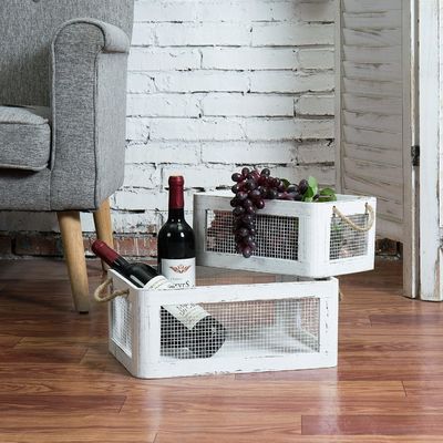 Multifunctional Vintage White Wooden Storage Box with Handles and Mesh Wire Side Panels
