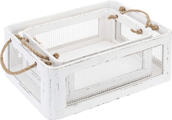 Multifunctional Vintage White Wooden Storage Box with Handles and Mesh Wire Side Panels