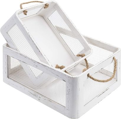 Multifunctional Vintage White Wooden Storage Box with Handles and Mesh Wire Side Panels