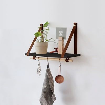 As your request 45X20 Black Pu Brown Leather Strap Wall Floating Shelf Wood Shelf Modern