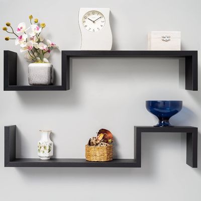 S Shape Design Black Decor Wood Floating Shelves Wall Shelves for Bedroom