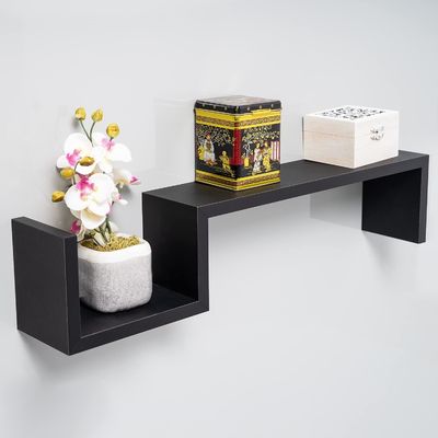S Shape Design Black Decor Wood Floating Shelves Wall Shelves for Bedroom