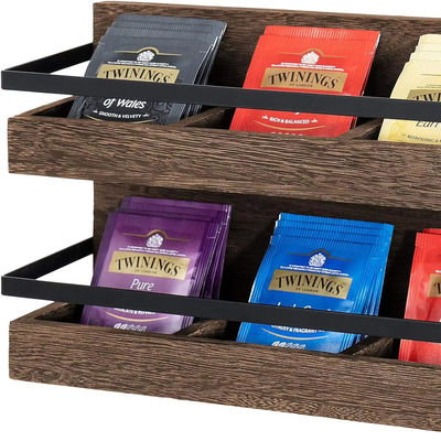 2 Tier Rustic Wood Tea Bags Holder Wall Mounted Tea Box for Coffee Condiment Display Shelf Tea Rack