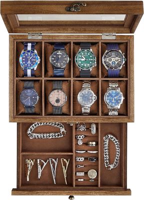 Handmade 8-Slot Rustic Walnut Wood Watch Box 2-Tier Display Case With Large Glass Lid