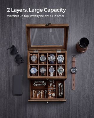Handmade 8-Slot Rustic Walnut Wood Watch Box 2-Tier Display Case With Large Glass Lid