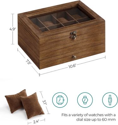 Handmade 8-Slot Rustic Walnut Wood Watch Box 2-Tier Display Case With Large Glass Lid