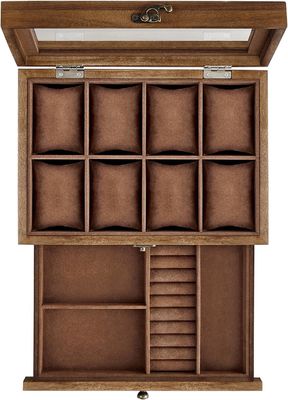 Handmade 8-Slot Rustic Walnut Wood Watch Box 2-Tier Display Case With Large Glass Lid