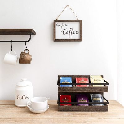 2 Tier Rustic Wood Tea Bags Holder Wall Mounted Tea Box for Coffee Condiment Display Shelf Tea Rack