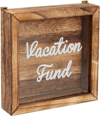 Competitive Burnt Style Wooden Vacation Fund Box for Environmental Savings Piggy Bank