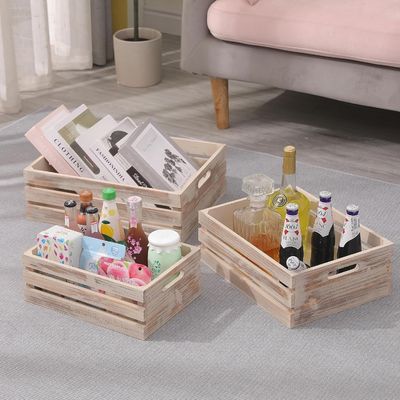 Decorative Wooden Storage Container Boxes Set Of 3 Crates with Handles 13.25x9.5x5.5
