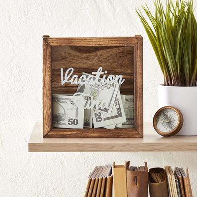 Competitive Burnt Style Wooden Vacation Fund Box for Environmental Savings Piggy Bank