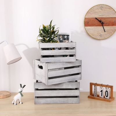 Rustic White Wooden Display Crate Set of 3 Decorative Pine Storage Crates NO Foldable