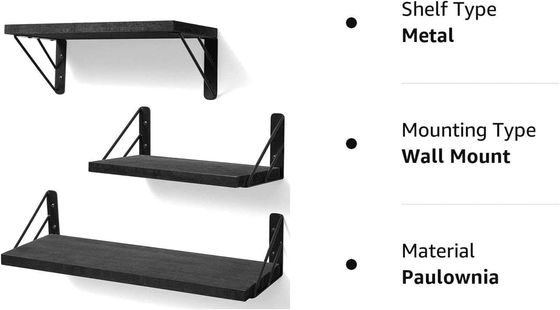Set of 3 Modern Adjustable Black Wall Mounted Rustic Wood Floating Shelves for Storage