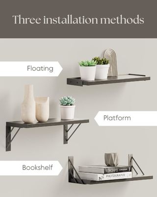 Set of 3 Modern Adjustable Black Wall Mounted Rustic Wood Floating Shelves for Storage