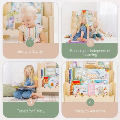 Wooden Wall Shelf Decoration 3-Tier Montessori Bookshelf for Kids at Perfect Height