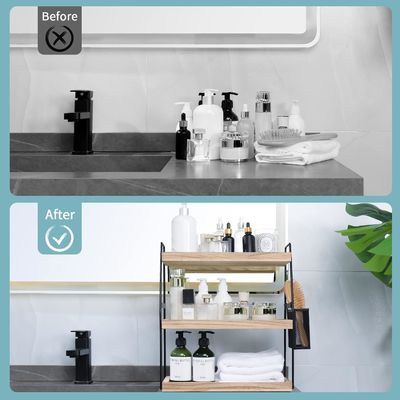 Cosmetic Storage Vanity Organizer 3-Tier Standing Counter Shelf With Basket Wood Tray