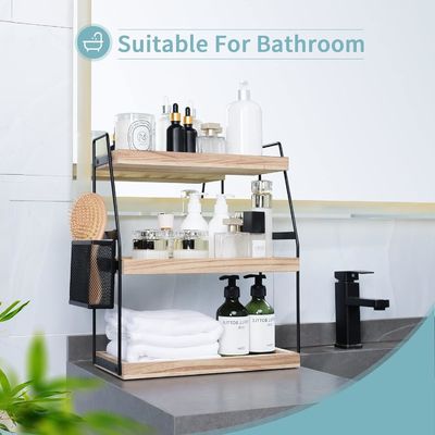 Cosmetic Storage Vanity Organizer 3-Tier Standing Counter Shelf With Basket Wood Tray