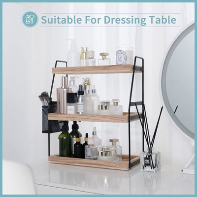 Cosmetic Storage Vanity Organizer 3-Tier Standing Counter Shelf With Basket Wood Tray
