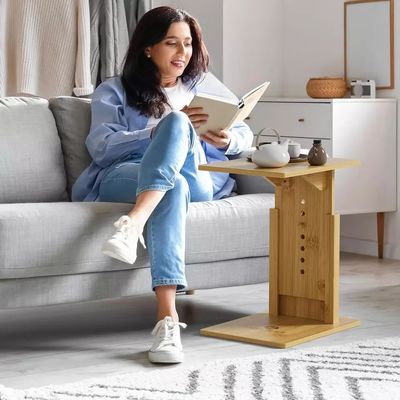Adjustable Rectangle Bamboo C Shaped Side Table for Wooden Coffee Table Behind Sofa