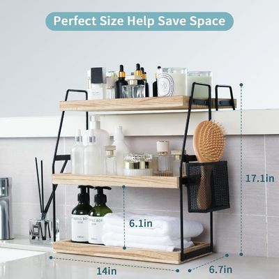 Cosmetic Storage Vanity Organizer 3-Tier Standing Counter Shelf With Basket Wood Tray