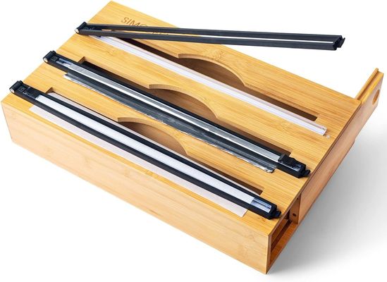 Slide Cutter Kitchen Drawer Organizer Bamboo 3 in 1 Foil and Plastic Cling Wrap Dispenser