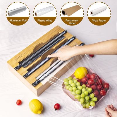 Slide Cutter Kitchen Drawer Organizer Bamboo 3 in 1 Foil and Plastic Cling Wrap Dispenser