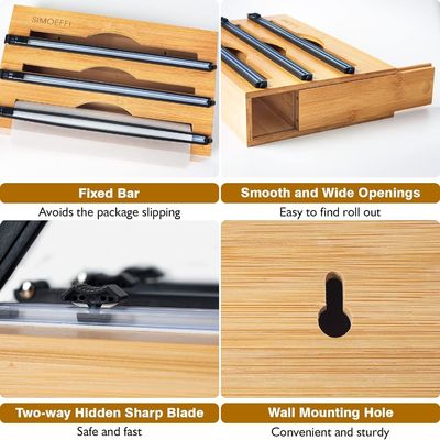 Slide Cutter Kitchen Drawer Organizer Bamboo 3 in 1 Foil and Plastic Cling Wrap Dispenser