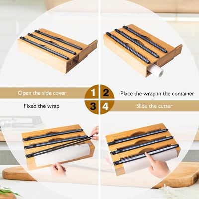 Slide Cutter Kitchen Drawer Organizer Bamboo 3 in 1 Foil and Plastic Cling Wrap Dispenser