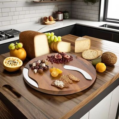 Custom Logo Acceptable Round Grooving Acacia Cutting Board with Knife and Spreader