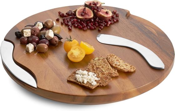 Custom Logo Acceptable Round Grooving Acacia Cutting Board with Knife and Spreader