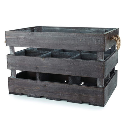 Solid Box Vintage-Style Brown Wooden Wine Crate Basket with Handles and Stain Color