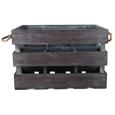 Solid Box Vintage-Style Brown Wooden Wine Crate Basket with Handles and Stain Color