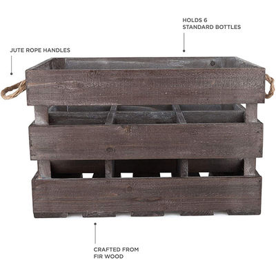 Solid Box Vintage-Style Brown Wooden Wine Crate Basket with Handles and Stain Color