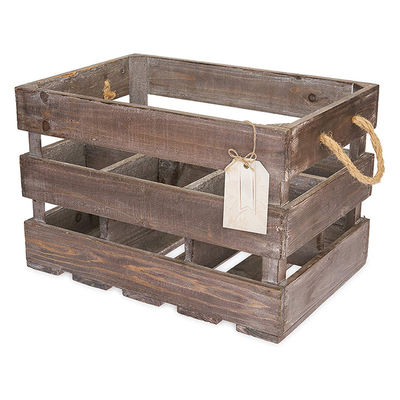 Solid Box Vintage-Style Brown Wooden Wine Crate Basket with Handles and Stain Color