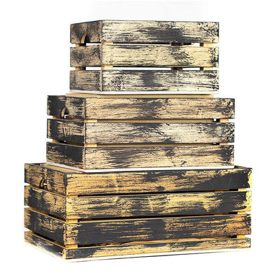 Set of 3 Small Mini Wood Storage Crates with Handles Rustic Finish Printing Burned