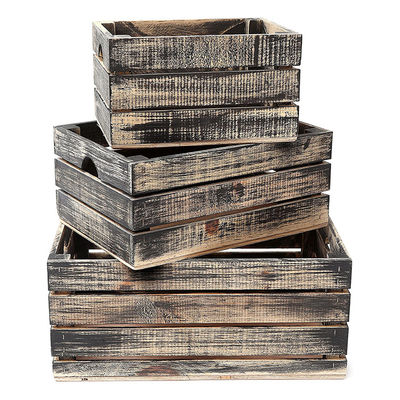 Set of 3 Small Mini Wood Storage Crates with Handles Rustic Finish Printing Burned