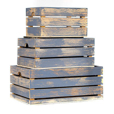 Set of 3 Small Mini Wood Storage Crates with Handles Rustic Finish Printing Burned