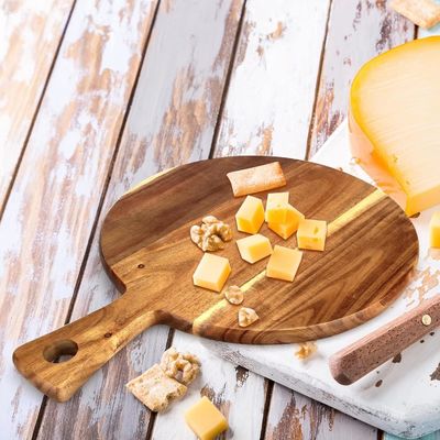Acacia Wood Cutting Board With Handle Eco Friendly Cheese Bread Wooden Chopping Board Round Paddle