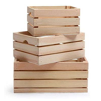 Set of 3 Small Mini Wood Storage Crates with Handles Rustic Finish Printing Burned
