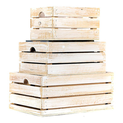 Set of 3 Small Mini Wood Storage Crates with Handles Rustic Finish Printing Burned