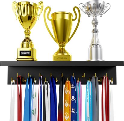 Wooden Trophy Display Home Appliance Medal Hanger and Trophy Shelf with Hooks