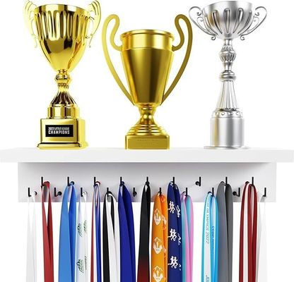 Wooden Trophy Display Home Appliance Medal Hanger and Trophy Shelf with Hooks