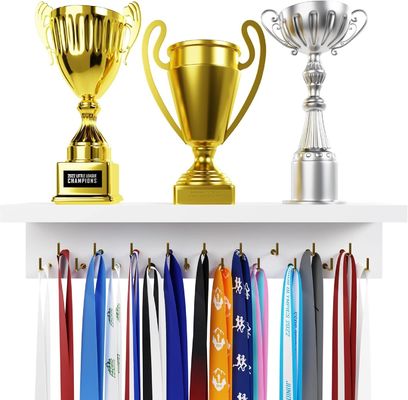 Wooden Trophy Display Home Appliance Medal Hanger and Trophy Shelf with Hooks